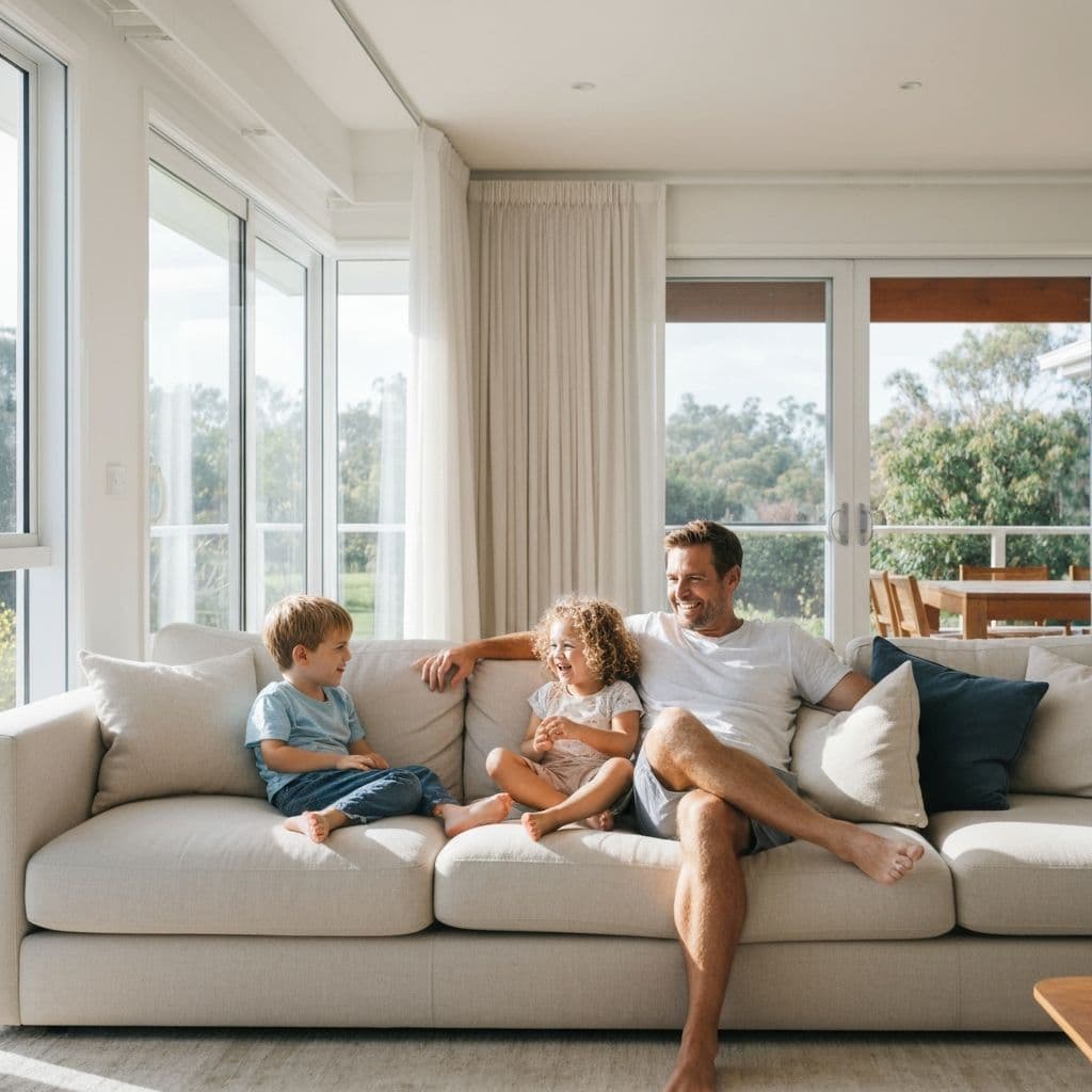 Happy family enjoying comfortable air conditioned home