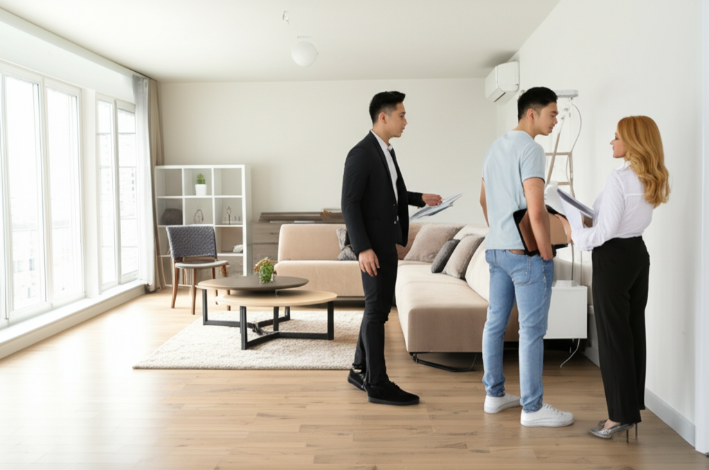 Real estate agent showing property to clients